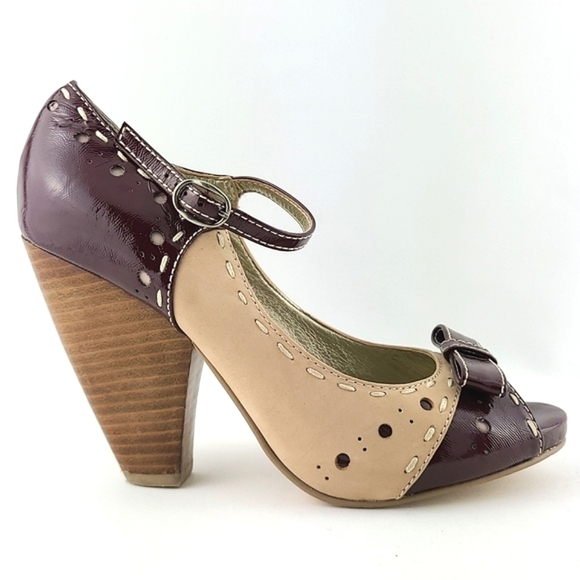 Seychelles Shoes - Seychelles  Retro Asterisk Nude Patent Burgundy Peep Toe Mary Jane Heels Size 8